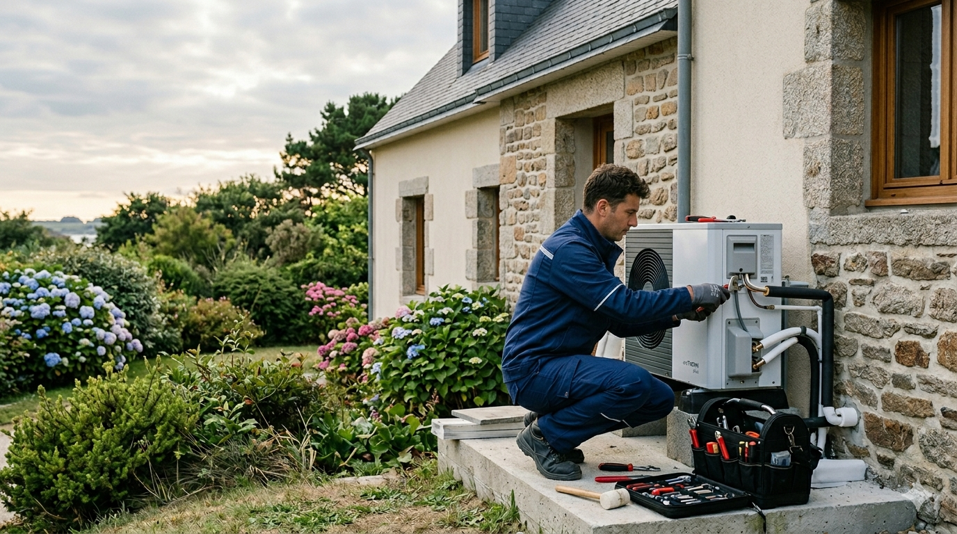 Technicien Tecni Cap Ouest contrôlant le circuit d'une pompe à chaleur lors d'une visite d'entretien dans le Morbihan