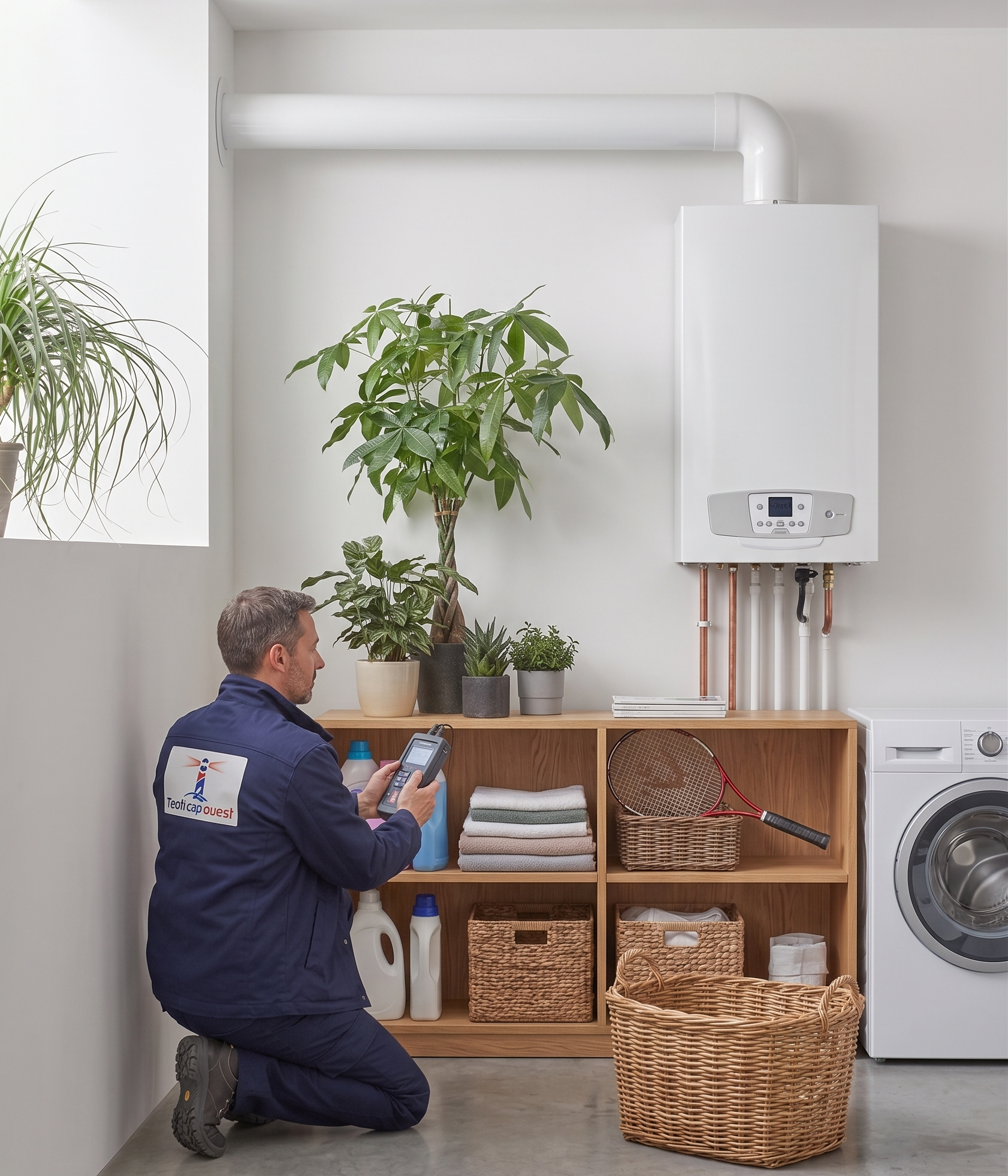 Chauffagiste Tecni Cap Ouest réglant une chaudière gaz à condensation murale dans une maison du Morbihan